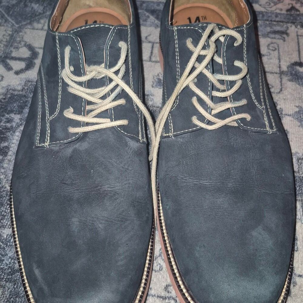 Navy Blue Leather oxford shoes with white stitching. Size: US 11
